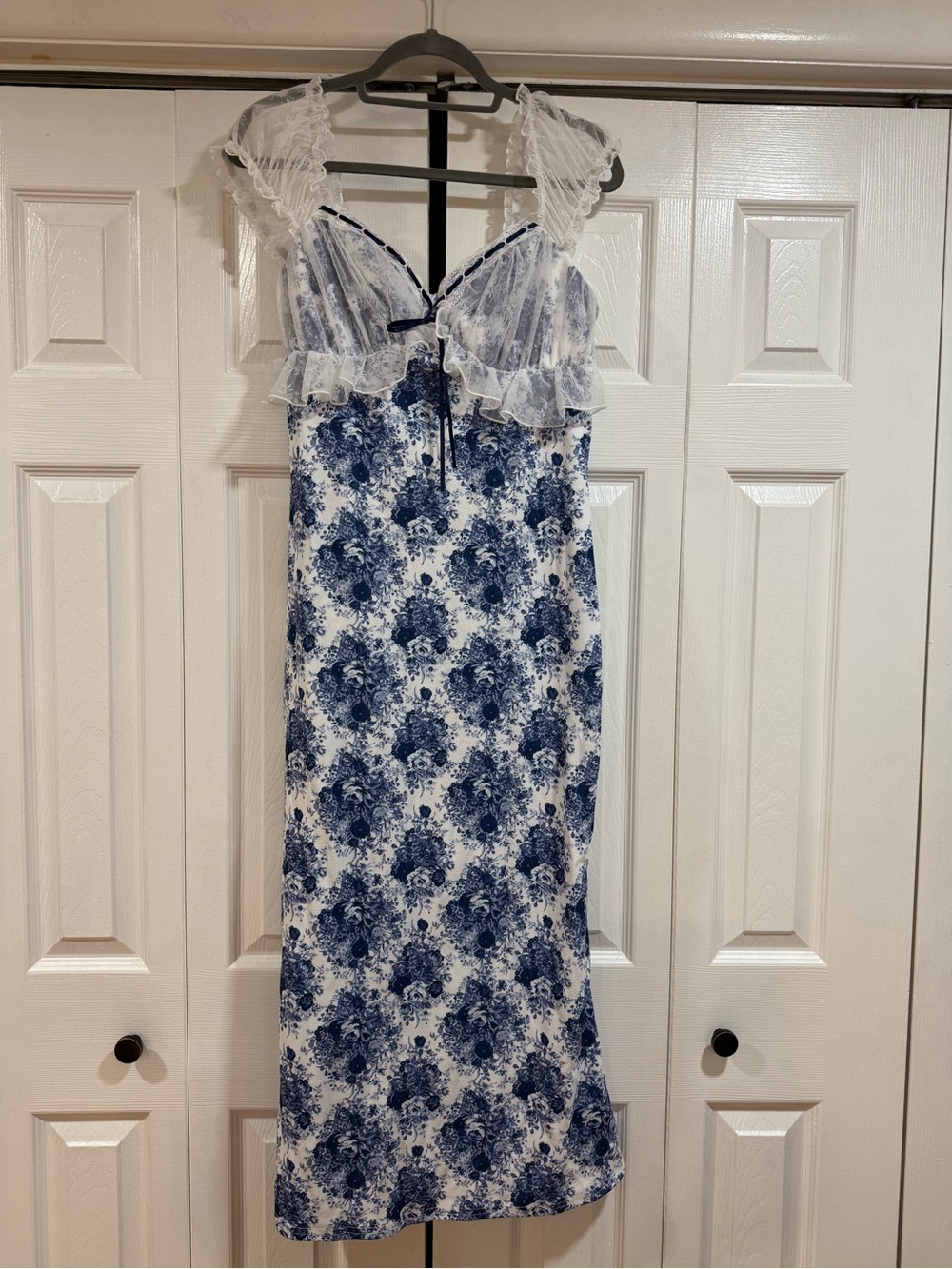 Amazon Blue and White Floral Midi Dress with Lace Cap Sleeves
